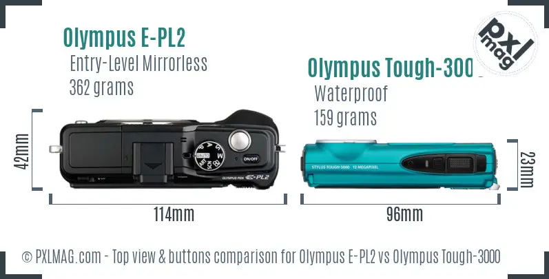 Olympus E-PL2 vs Olympus Tough-3000 top view buttons comparison