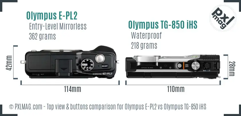 Olympus E-PL2 vs Olympus TG-850 iHS top view buttons comparison