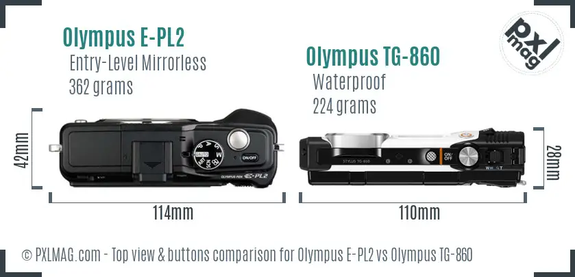 Olympus E-PL2 vs Olympus TG-860 top view buttons comparison