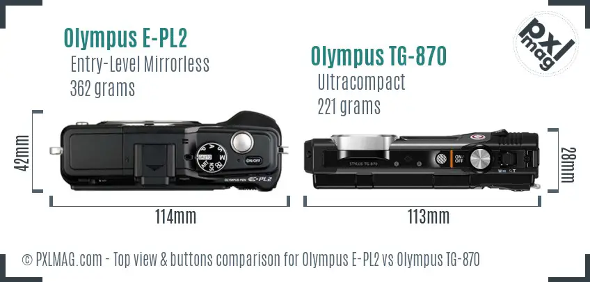 Olympus E-PL2 vs Olympus TG-870 top view buttons comparison