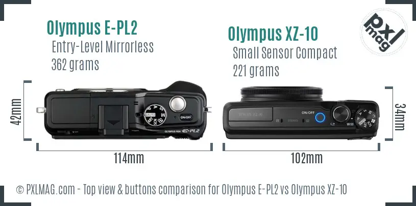 Olympus E-PL2 vs Olympus XZ-10 top view buttons comparison