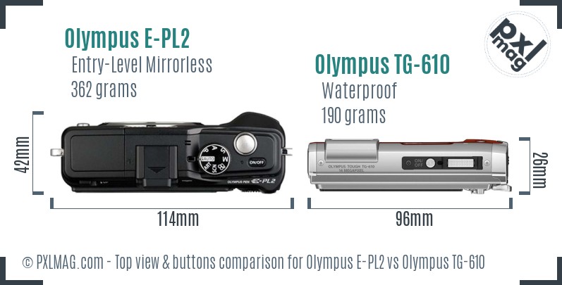 Olympus E-PL2 vs Olympus TG-610 top view buttons comparison