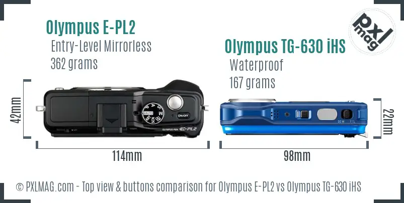 Olympus E-PL2 vs Olympus TG-630 iHS top view buttons comparison