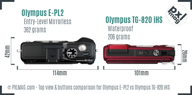 Olympus E-PL2 vs Olympus TG-820 iHS top view buttons comparison
