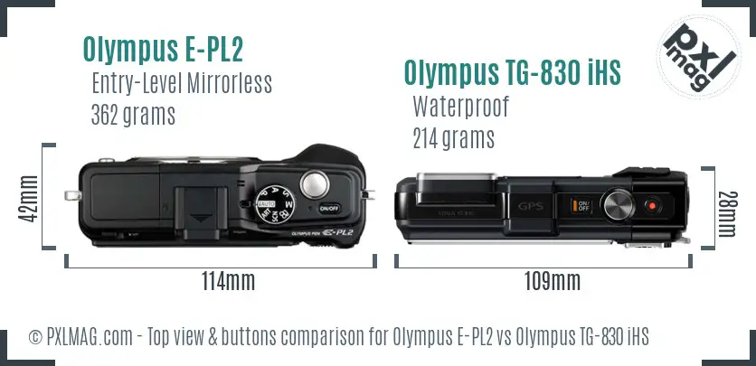 Olympus E-PL2 vs Olympus TG-830 iHS top view buttons comparison