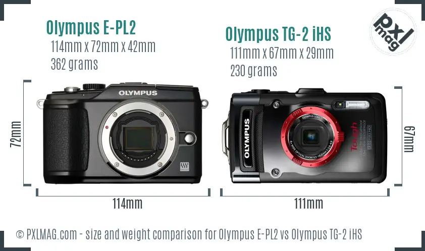 Olympus E-PL2 vs Olympus TG-2 iHS size comparison