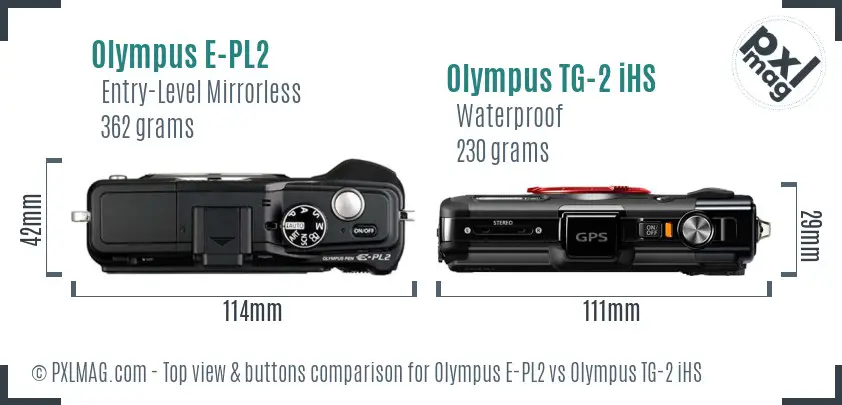 Olympus E-PL2 vs Olympus TG-2 iHS top view buttons comparison