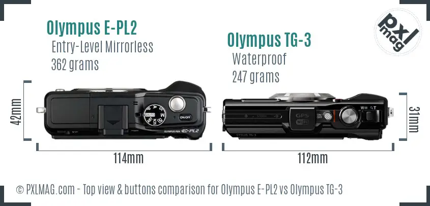 Olympus E-PL2 vs Olympus TG-3 top view buttons comparison