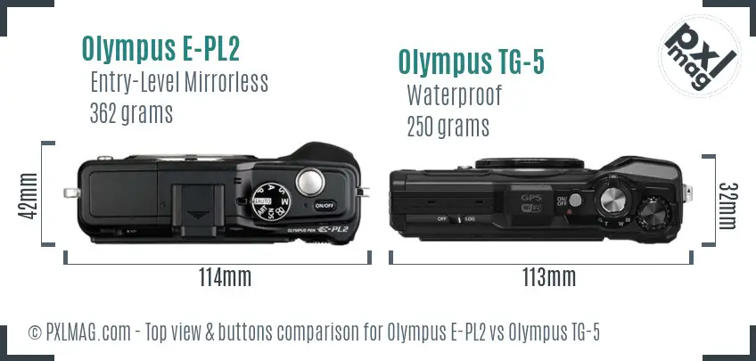 Olympus E-PL2 vs Olympus TG-5 top view buttons comparison