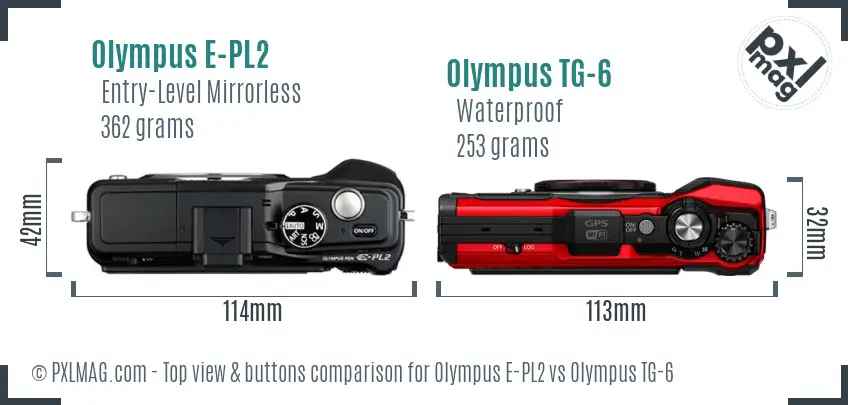 Olympus E-PL2 vs Olympus TG-6 top view buttons comparison