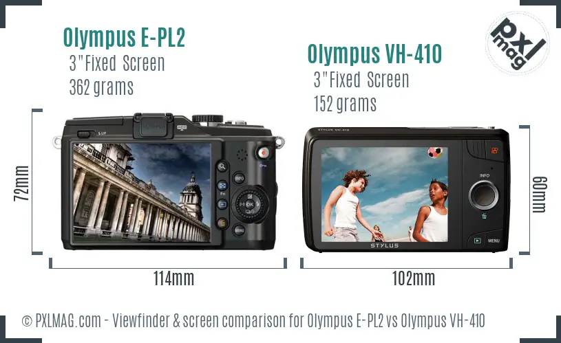 Olympus E-PL2 vs Olympus VH-410 Screen and Viewfinder comparison