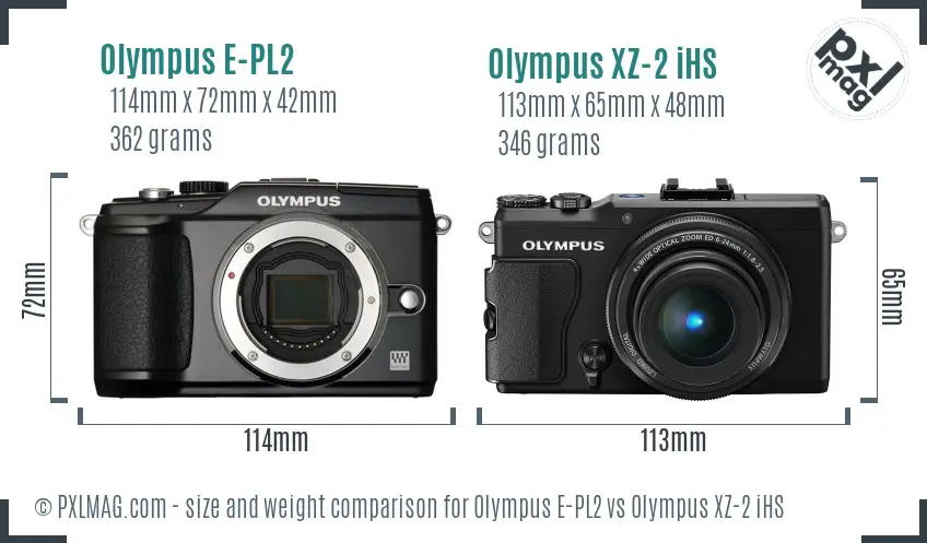 Olympus E-PL2 vs Olympus XZ-2 iHS size comparison