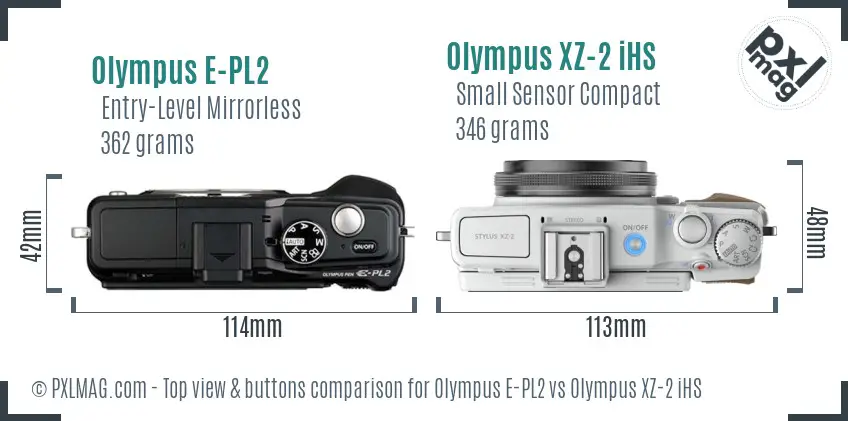 Olympus E-PL2 vs Olympus XZ-2 iHS top view buttons comparison