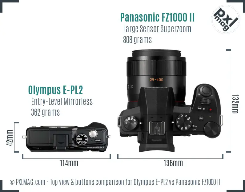 Olympus E-PL2 vs Panasonic FZ1000 II top view buttons comparison