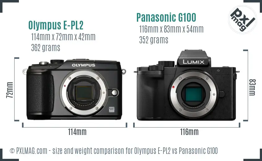 Olympus E-PL2 vs Panasonic G100 size comparison