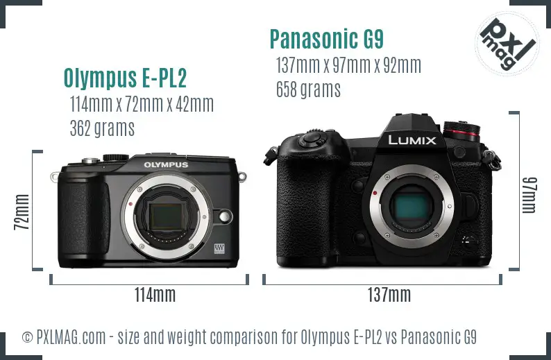 Olympus E-PL2 vs Panasonic G9 size comparison