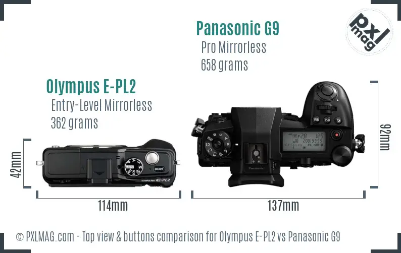 Olympus E-PL2 vs Panasonic G9 top view buttons comparison