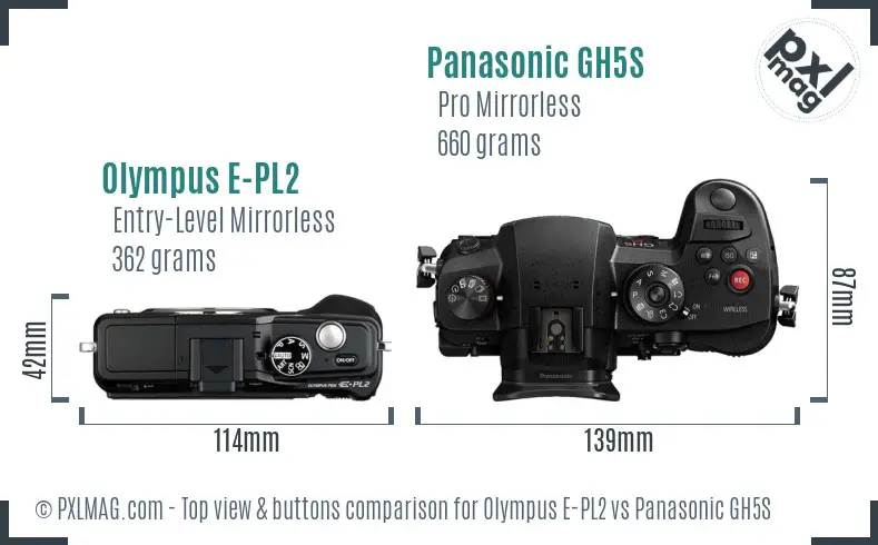 Olympus E-PL2 vs Panasonic GH5S top view buttons comparison