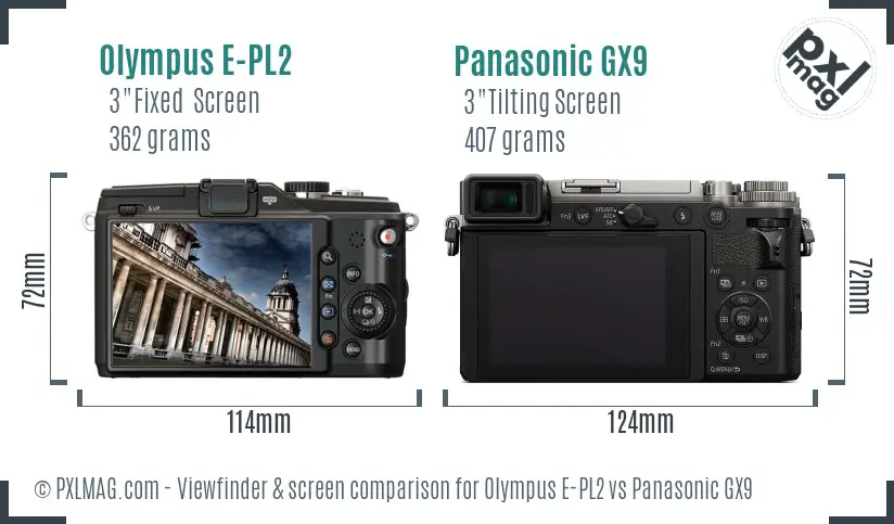 Olympus E-PL2 vs Panasonic GX9 Screen and Viewfinder comparison
