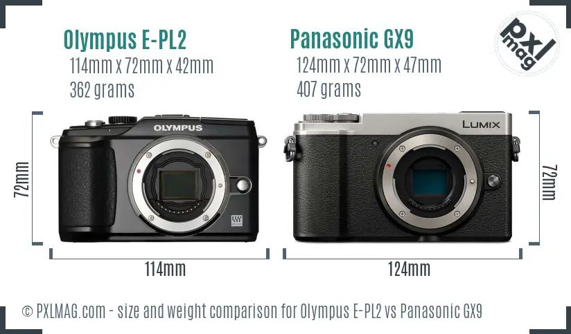 Olympus E-PL2 vs Panasonic GX9 size comparison