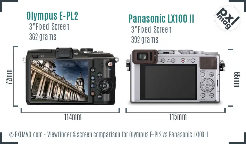 Olympus E-PL2 vs Panasonic LX100 II Screen and Viewfinder comparison