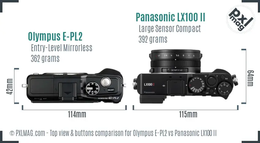 Olympus E-PL2 vs Panasonic LX100 II top view buttons comparison