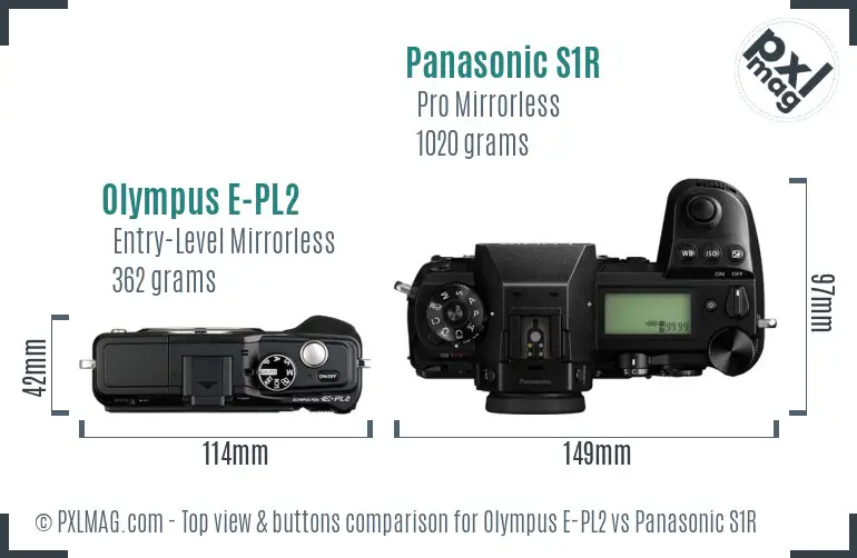 Olympus E-PL2 vs Panasonic S1R top view buttons comparison