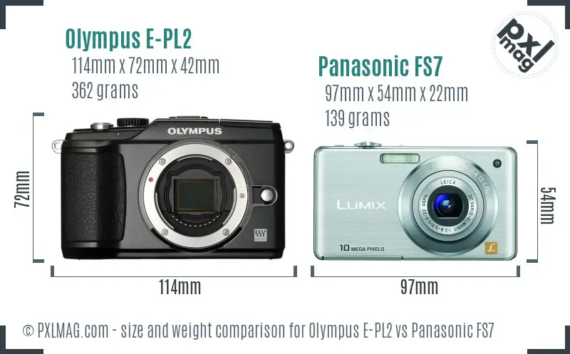 Olympus E-PL2 vs Panasonic FS7 size comparison