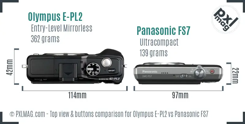 Olympus E-PL2 vs Panasonic FS7 top view buttons comparison