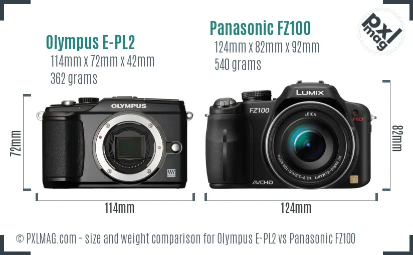 Olympus E-PL2 vs Panasonic FZ100 size comparison