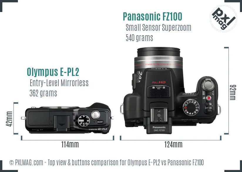 Olympus E-PL2 vs Panasonic FZ100 top view buttons comparison