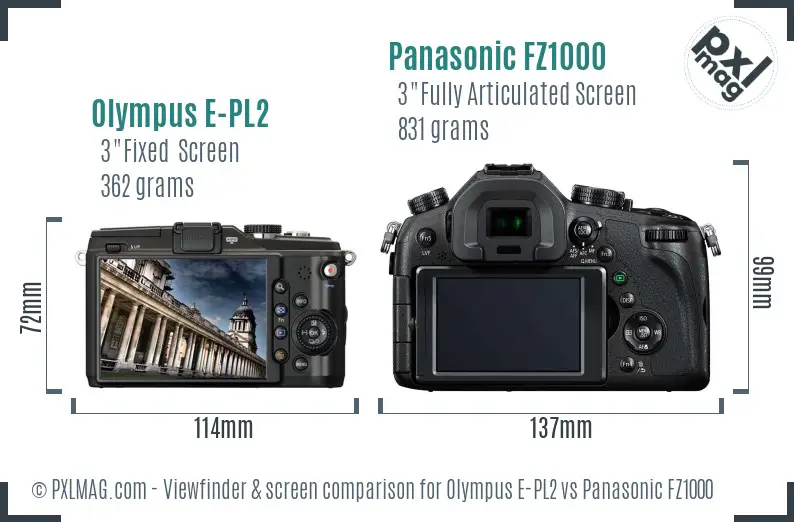 Olympus E-PL2 vs Panasonic FZ1000 Screen and Viewfinder comparison