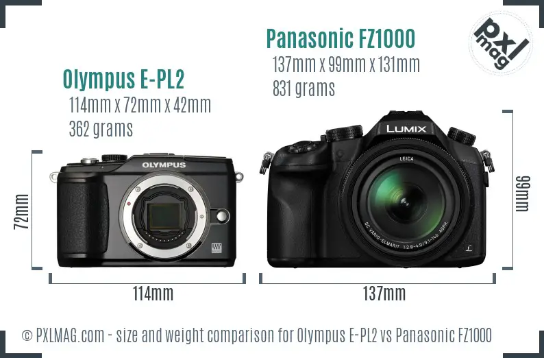 Olympus E-PL2 vs Panasonic FZ1000 size comparison