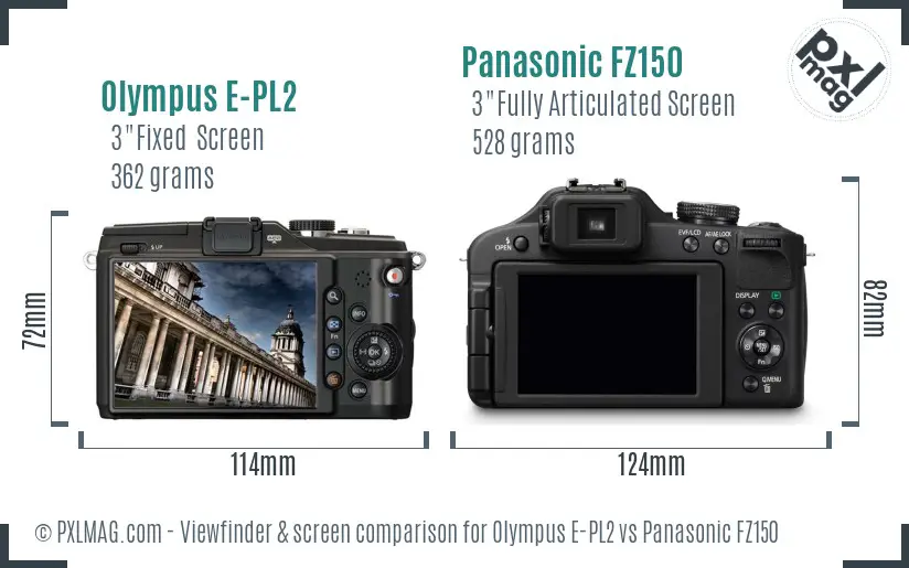 Olympus E-PL2 vs Panasonic FZ150 Screen and Viewfinder comparison