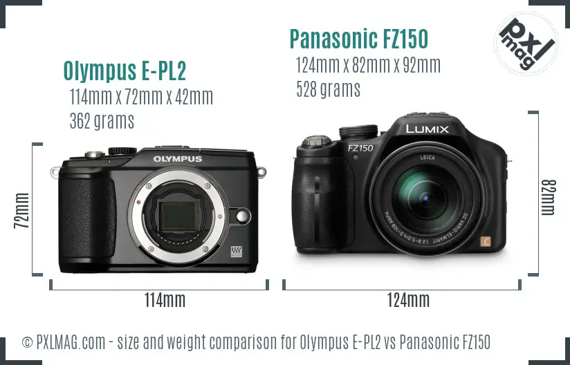Olympus E-PL2 vs Panasonic FZ150 size comparison