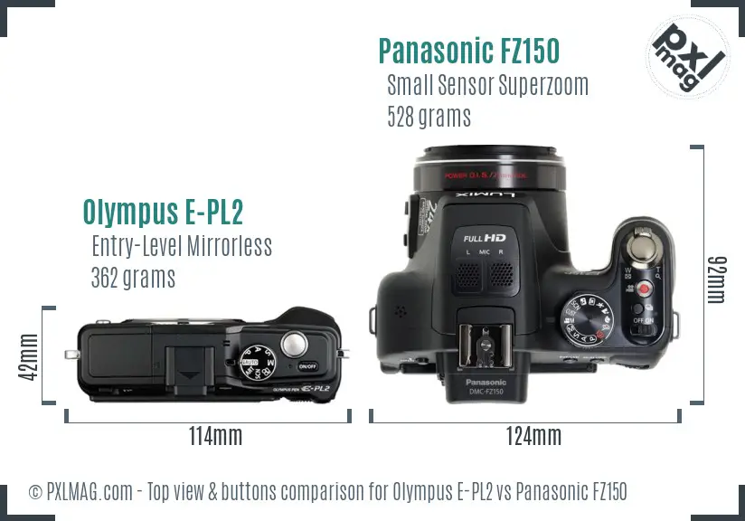Olympus E-PL2 vs Panasonic FZ150 top view buttons comparison