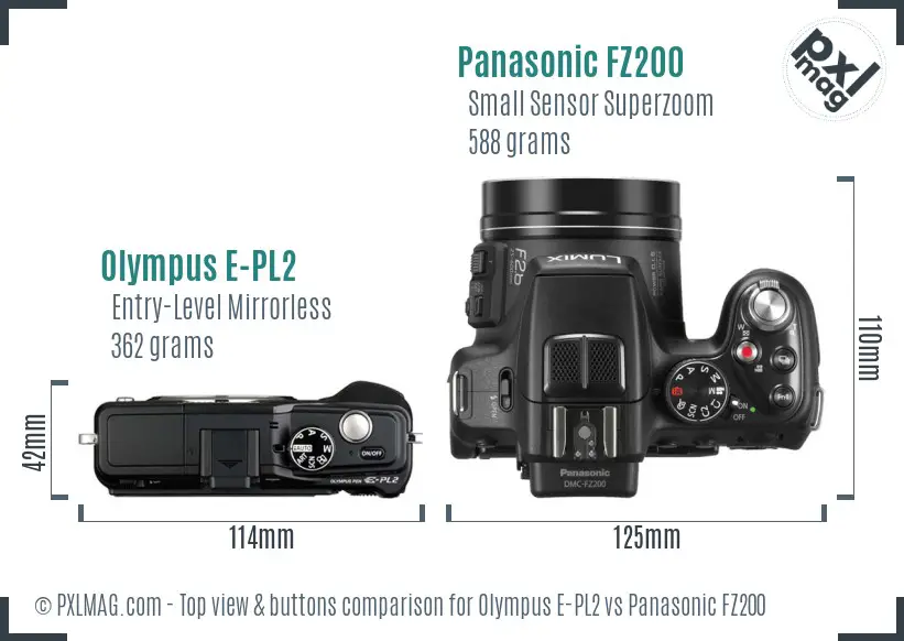 Olympus E-PL2 vs Panasonic FZ200 top view buttons comparison