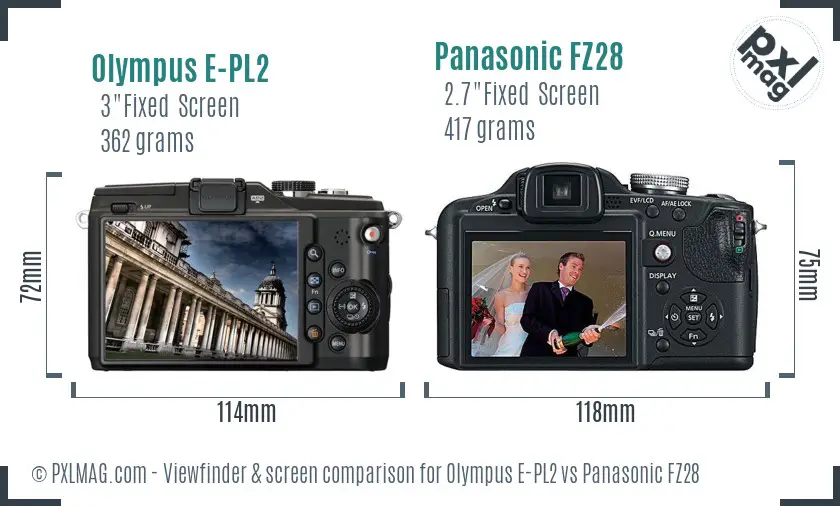 Olympus E-PL2 vs Panasonic FZ28 Screen and Viewfinder comparison