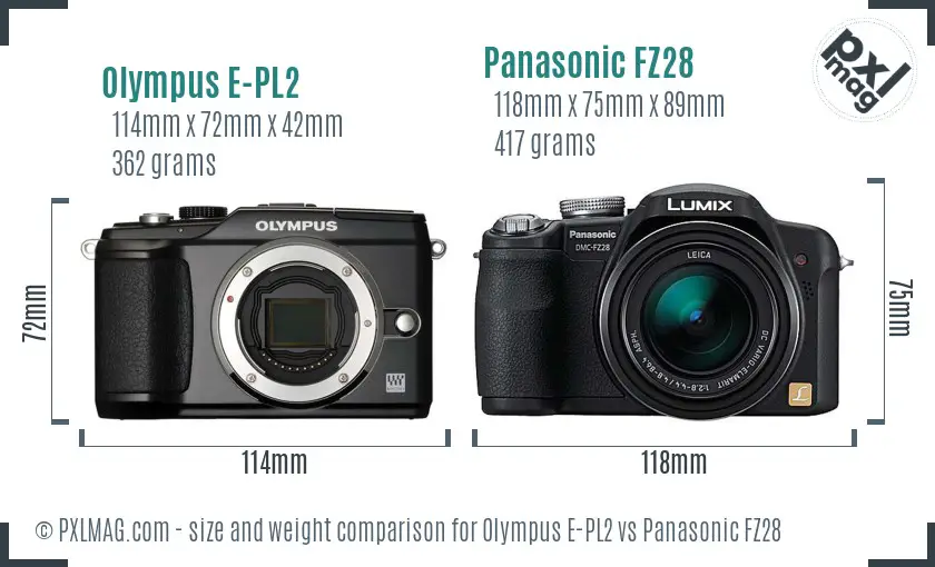 Olympus E-PL2 vs Panasonic FZ28 size comparison