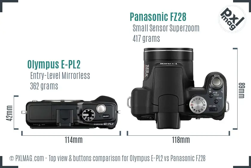 Olympus E-PL2 vs Panasonic FZ28 top view buttons comparison