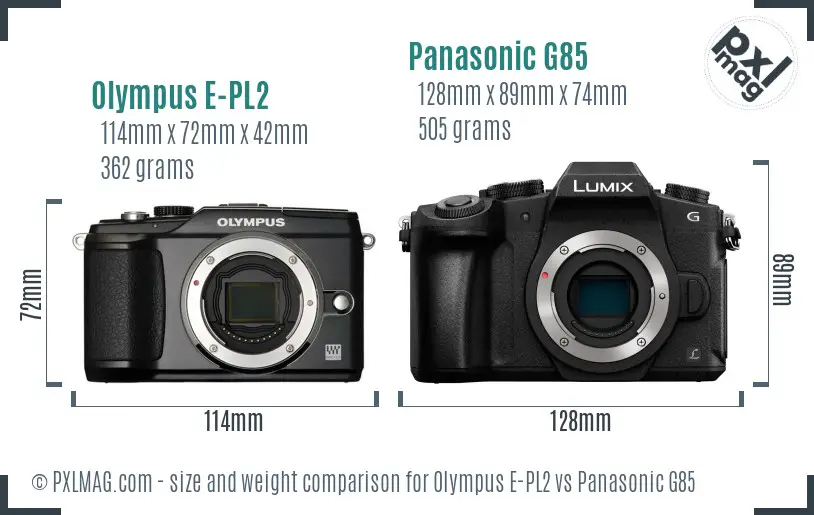 Olympus E-PL2 vs Panasonic G85 size comparison