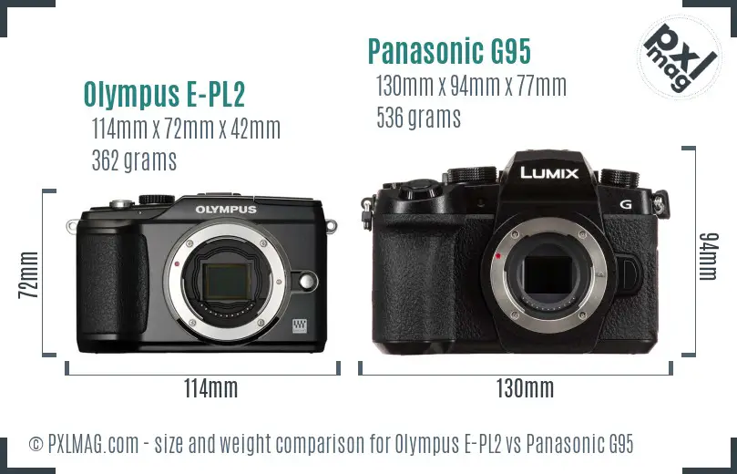 Olympus E-PL2 vs Panasonic G95 size comparison