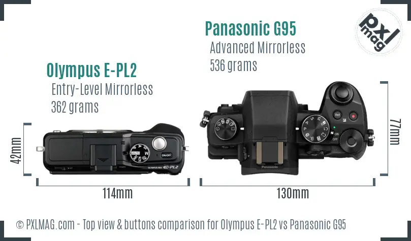 Olympus E-PL2 vs Panasonic G95 top view buttons comparison