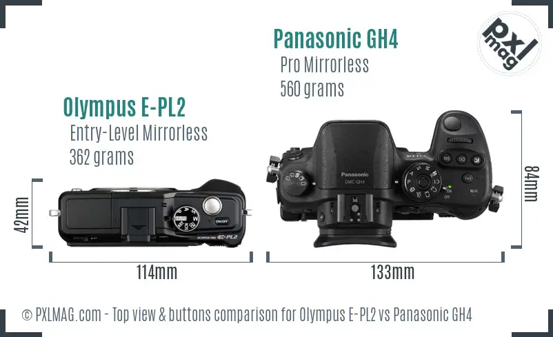 Olympus E-PL2 vs Panasonic GH4 top view buttons comparison