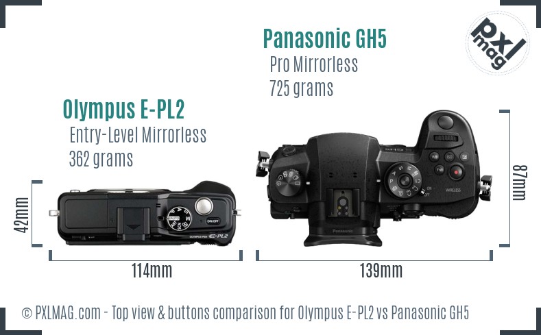 Olympus E-PL2 vs Panasonic GH5 top view buttons comparison