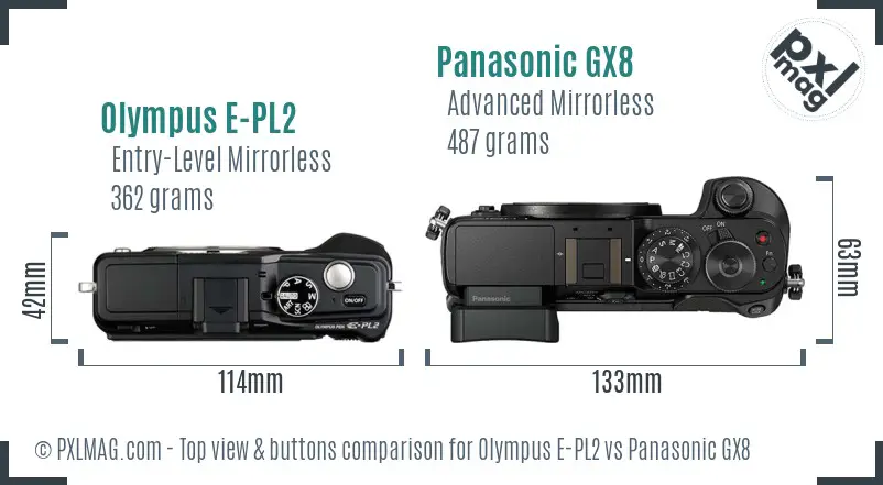 Olympus E-PL2 vs Panasonic GX8 top view buttons comparison