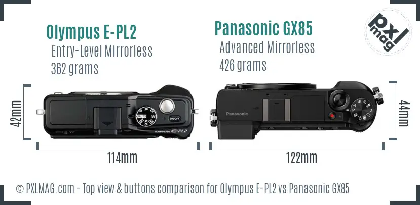 Olympus E-PL2 vs Panasonic GX85 top view buttons comparison