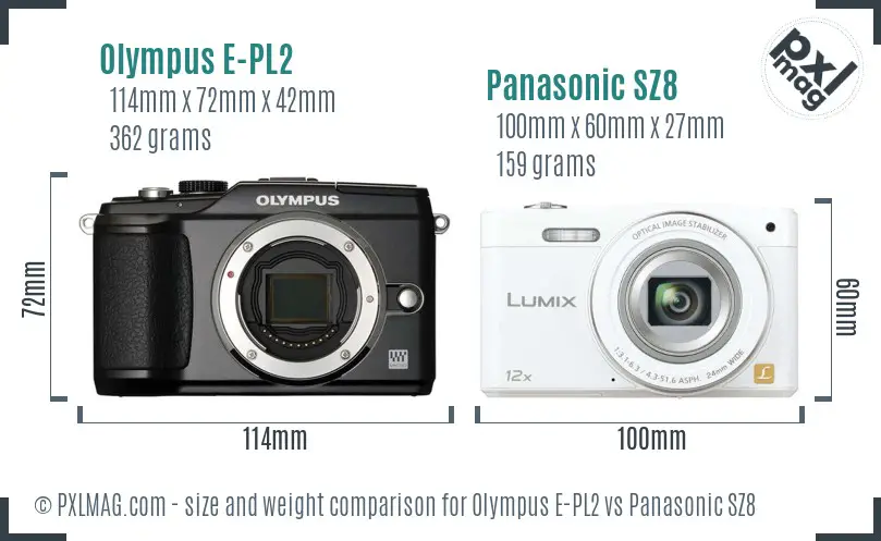 Olympus E-PL2 vs Panasonic SZ8 size comparison