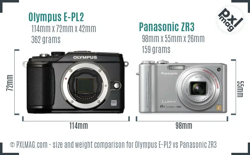Olympus E-PL2 vs Panasonic ZR3 size comparison