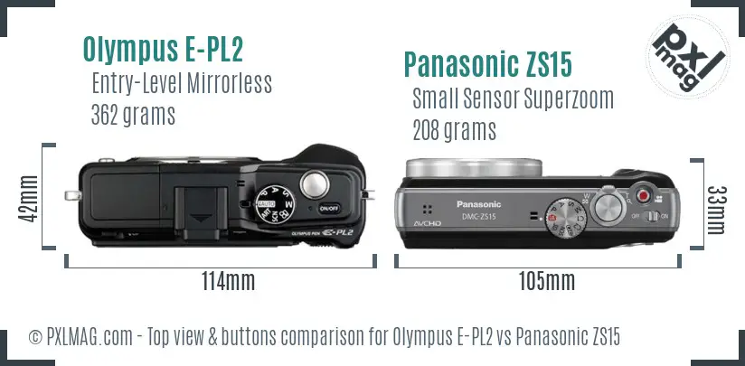 Olympus E-PL2 vs Panasonic ZS15 top view buttons comparison